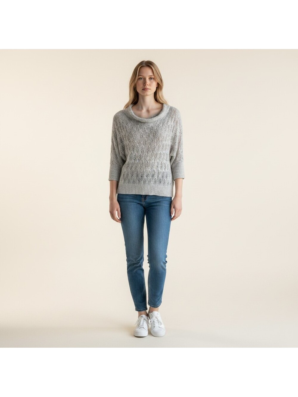 Dressbarn Top Women L Large Gray 3/4 Sleeve Crochet Cowl Neck Pullover Casual